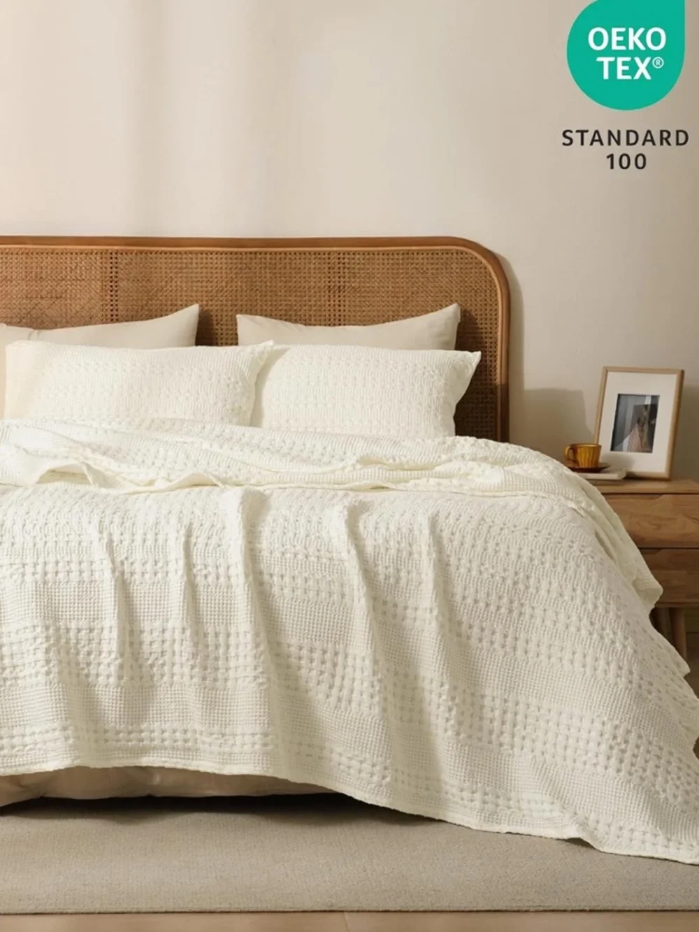 new Cream Waffle-Textured Throw Blanket - Soft Home Bedding - Picture 6 of 9